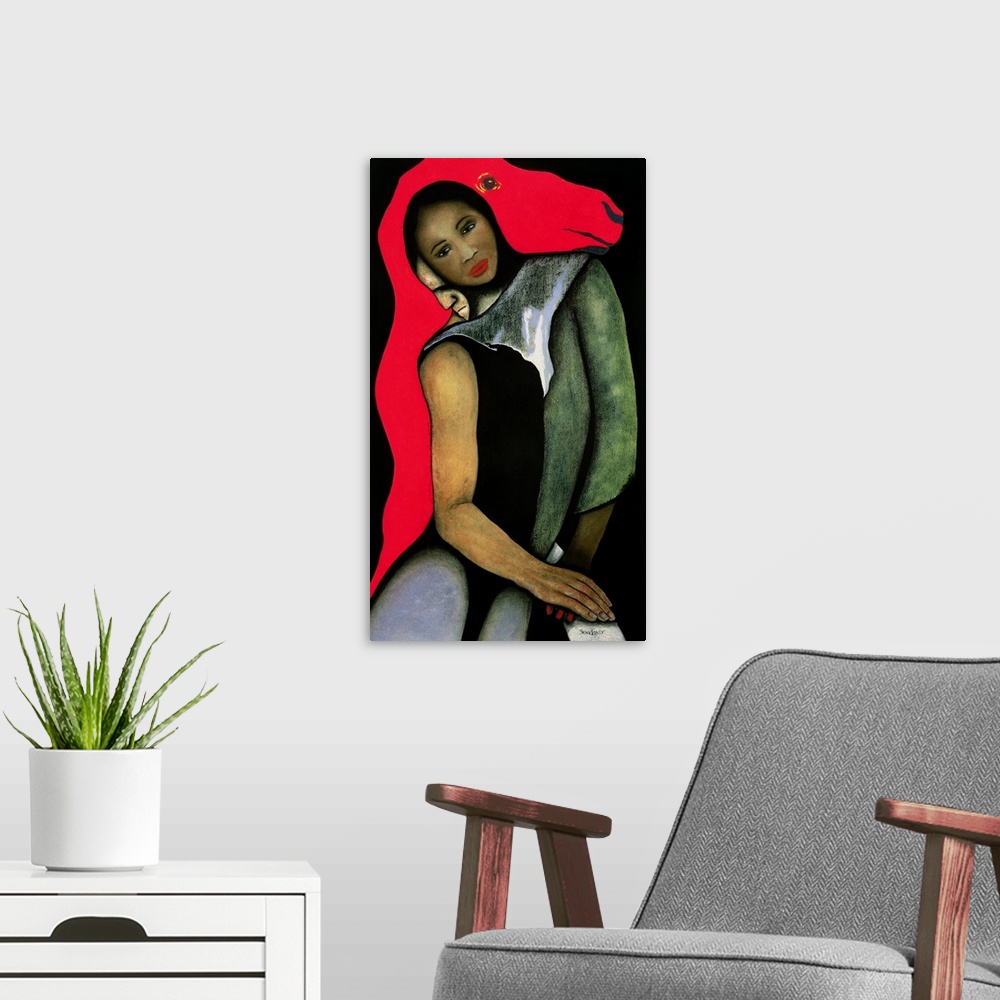 A modern room featuring Man/Woman and a Red Horse, 1999