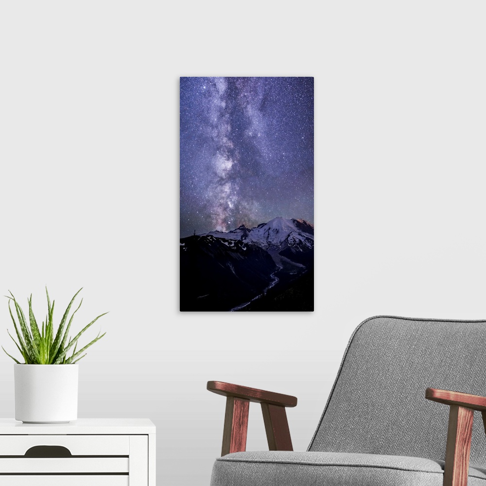 A modern room featuring USA. Washington State. The Milky Way looms above Mt. Rainier and the White River at Mt. Rainier N...