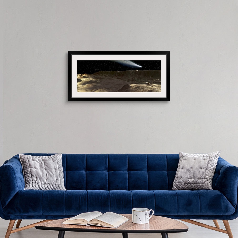 A modern room featuring A scene on Mercury, featuring one of the many enormous scarps that scar its surface. A comet can ...