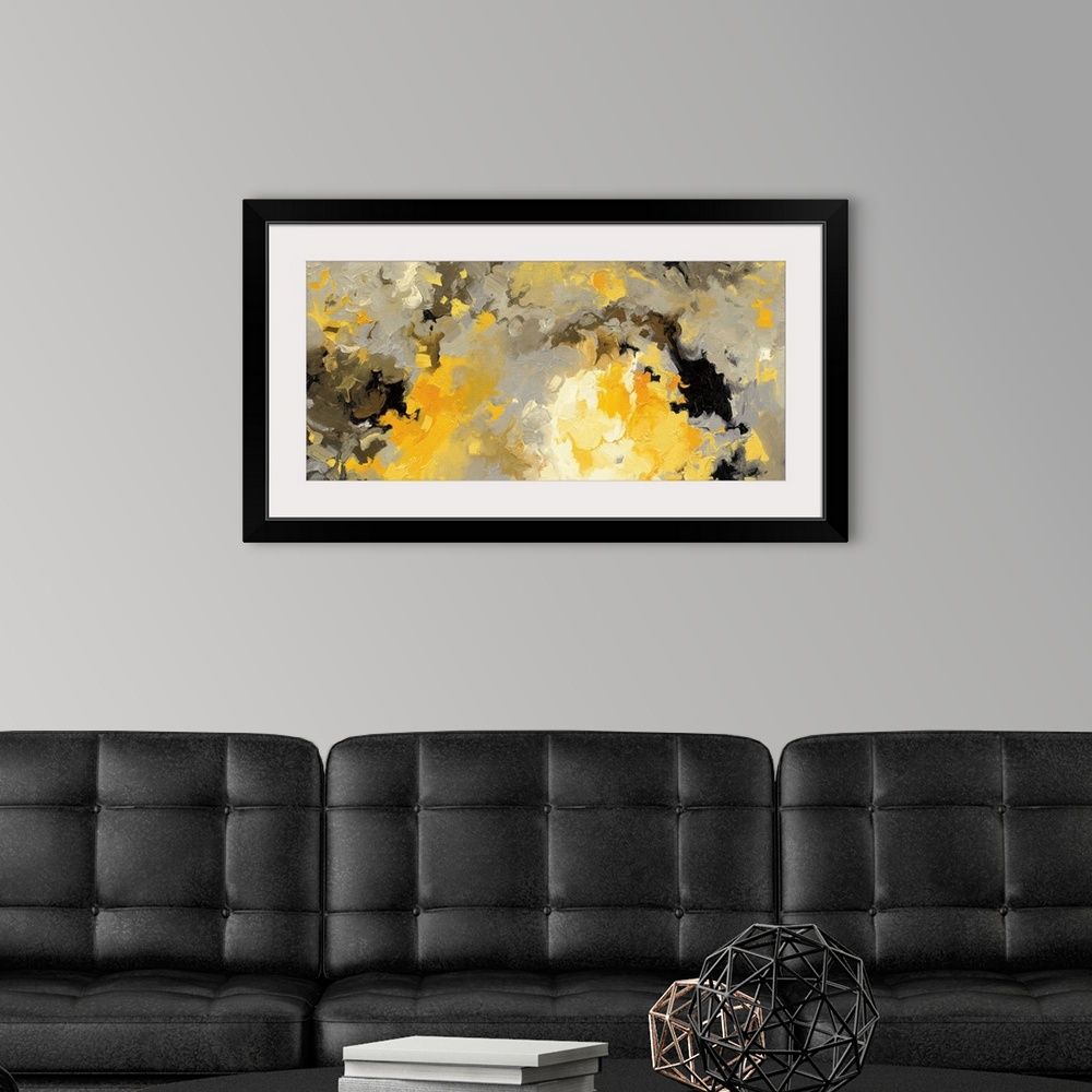 A modern room featuring Contemporary abstract painting in yellow and black.