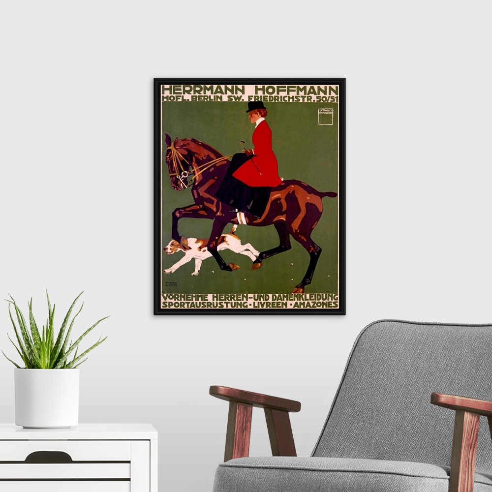 A modern room featuring Giant advertising art displays the profile of a woman with a top hat riding a horse with a dog es...