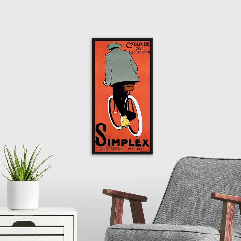 A modern room featuring Panoramic antique advertising art incorporates a man riding a bike in front of a bare backdrop.  ...