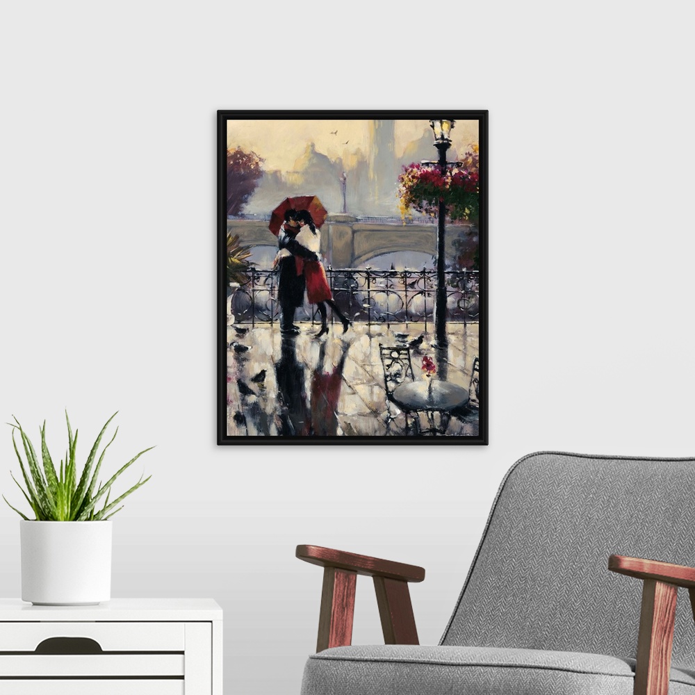 A modern room featuring Painting of a couple in a loving embrace standing under an umbrella in the rain.