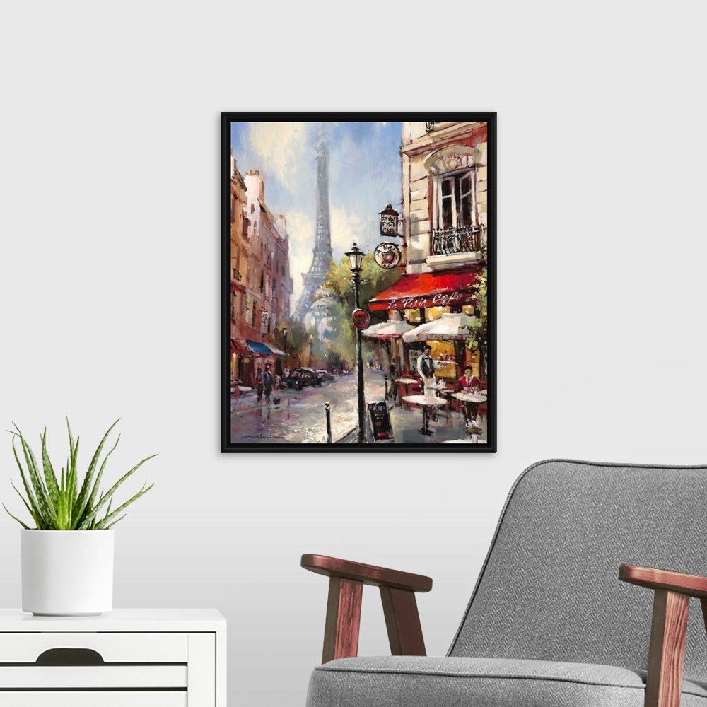 A modern room featuring Contemporary painting of a view of the city streets of Paris, with the Eiffel Tower in the backgr...