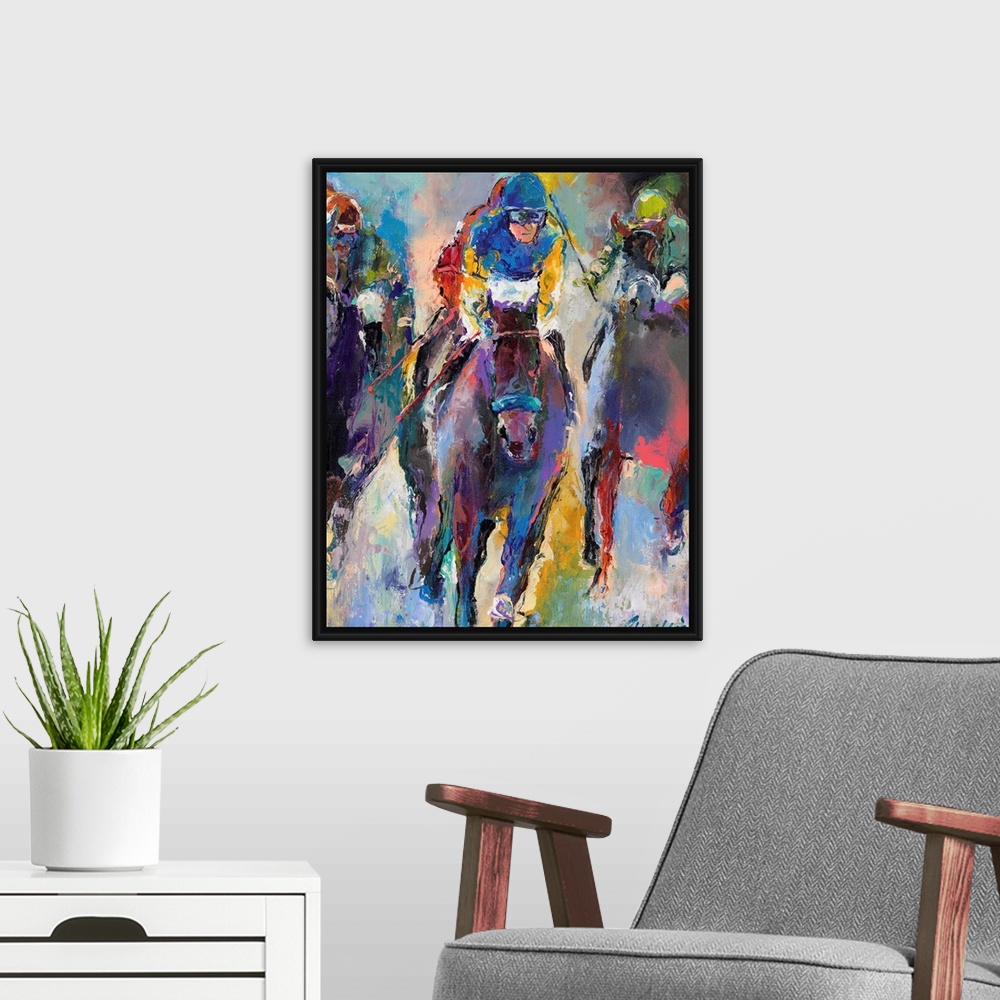 A modern room featuring Colorful abstract painting of jockeys on horseback.