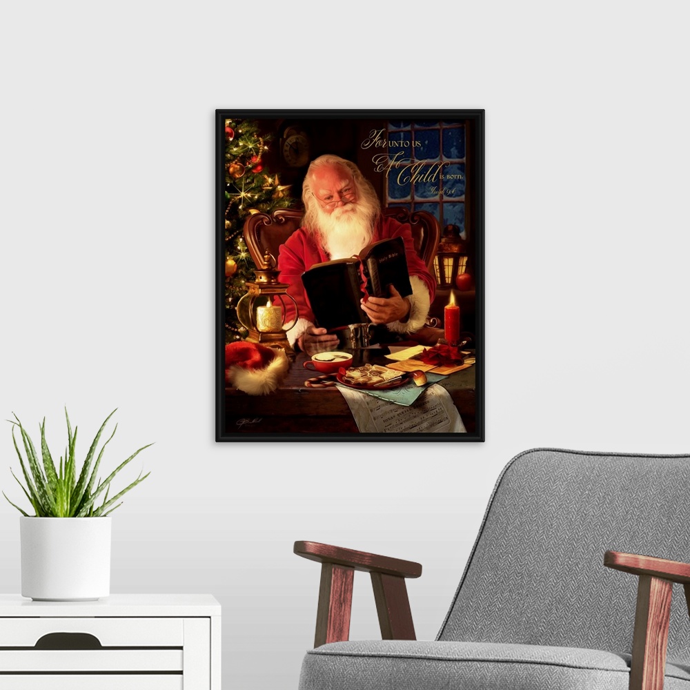 A modern room featuring A warm and traditional portrait of Father Christmas sitting at a desk and reading from a bible, w...