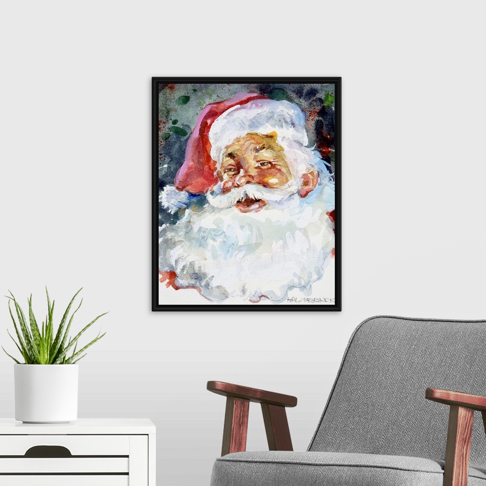 A modern room featuring The face of Santa is painted largely with an abstract background behind him.