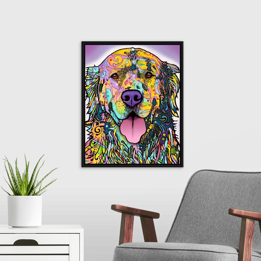 A modern room featuring In this abstract portrait of a dog the outline of the animal is filled in with colorful and vibra...