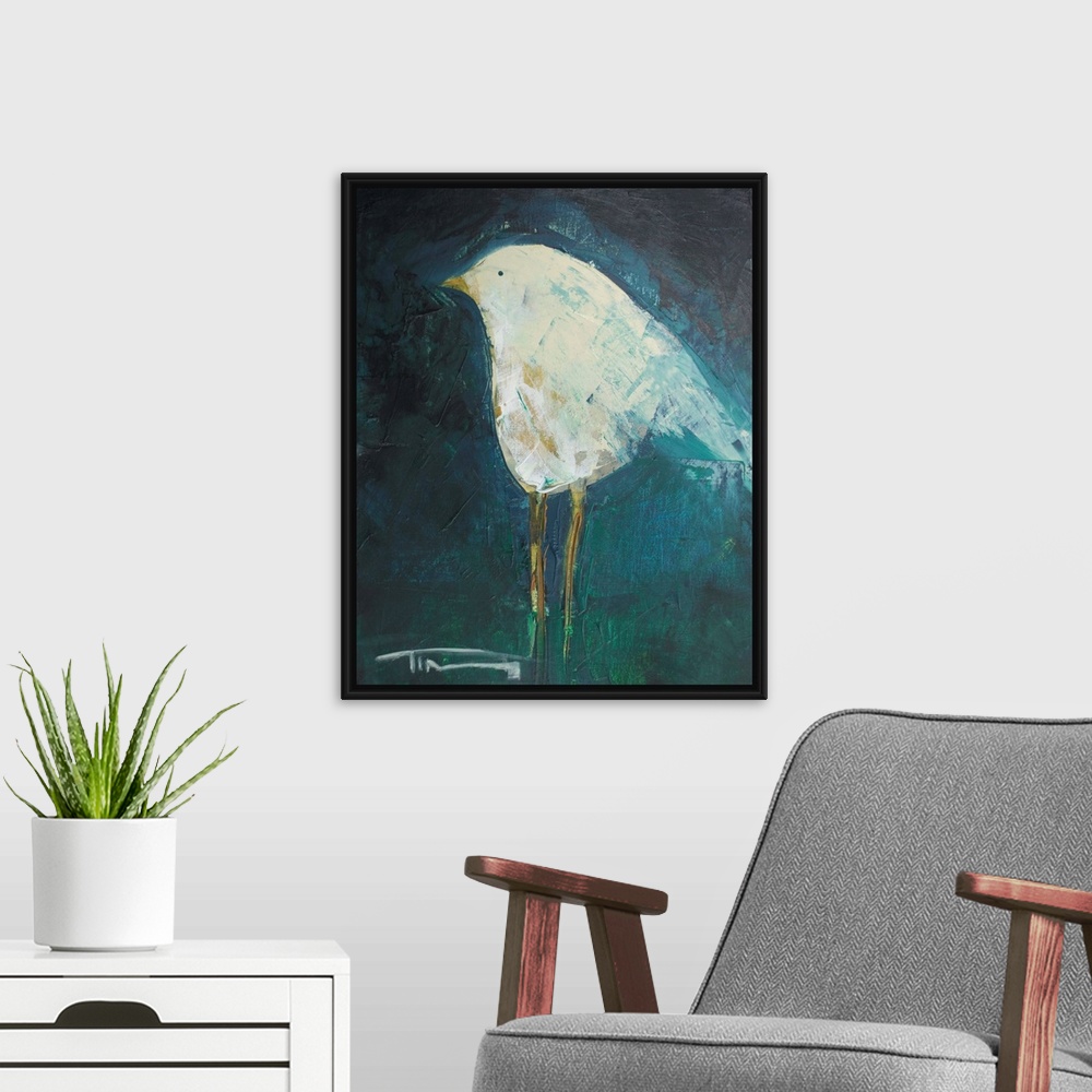 A modern room featuring Contemporary painting of a little white bird on a dark background.