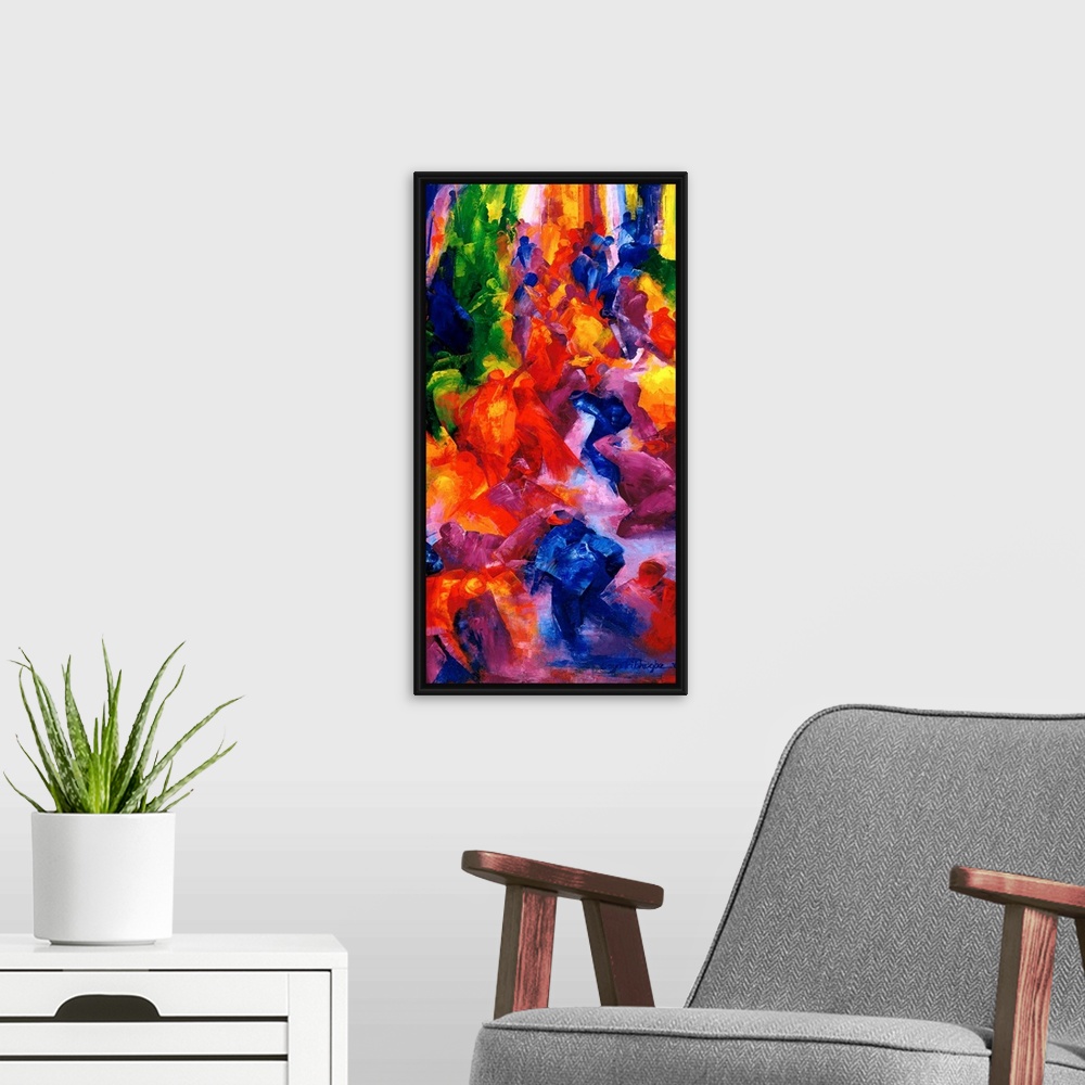 A modern room featuring A vertical painting of people dancing at a nightclub as abstracted colors and shapes.