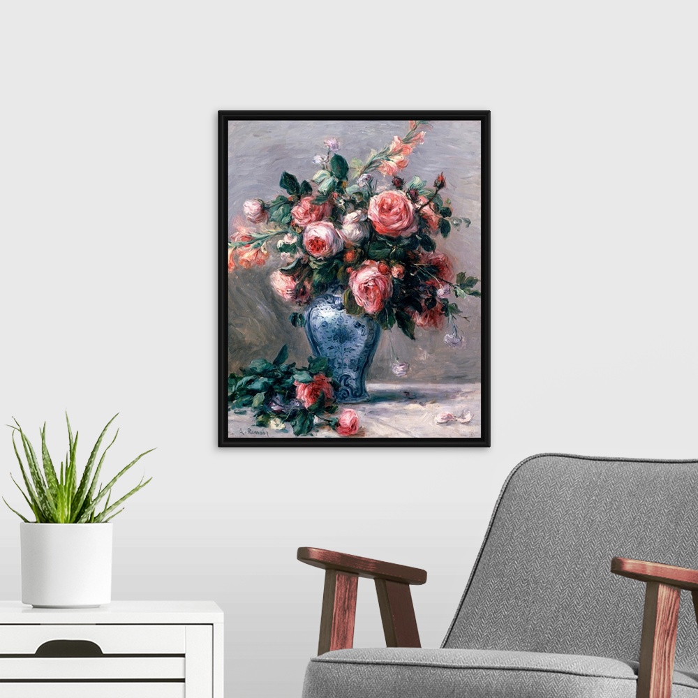 A modern room featuring Big classic art depicts an arrangement of flowers within a decorated container sitting on the gro...