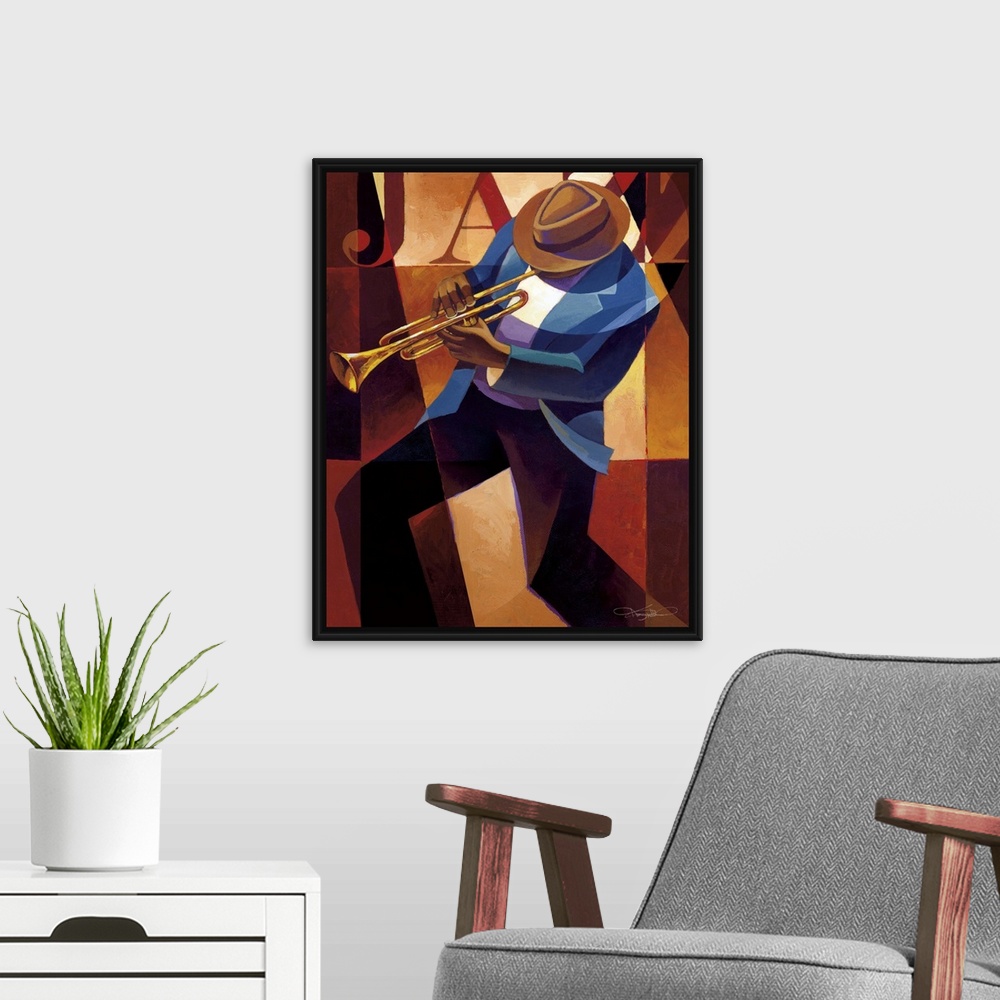 A modern room featuring Contemporary painting of a jazz musician playing the trumpet.