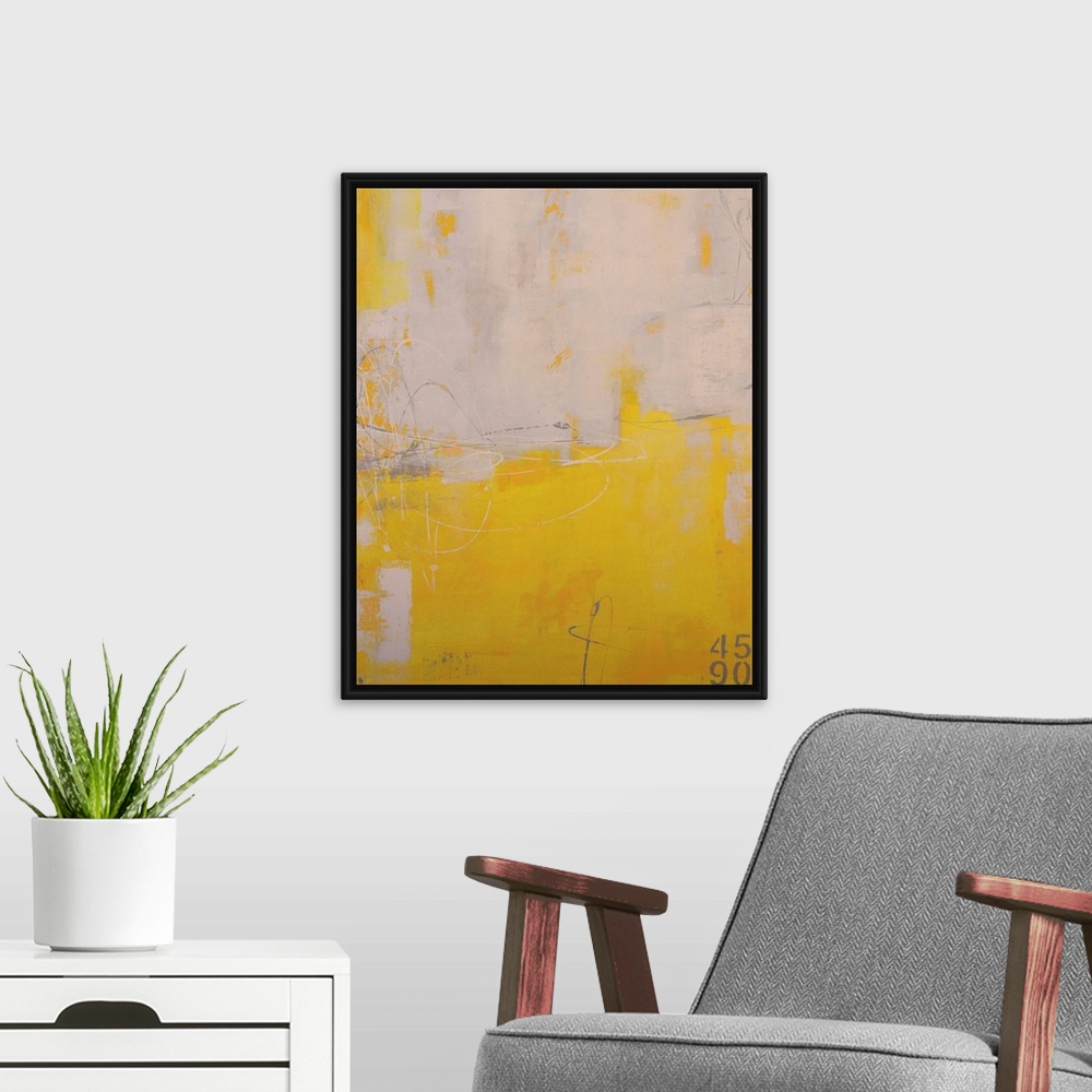 A modern room featuring Vertical abstract art work of contrasting paint colors dominating the painting.