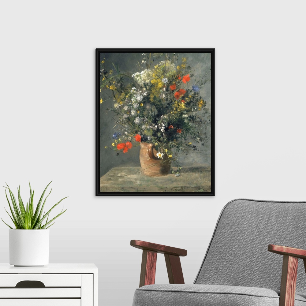 A modern room featuring Flowers in a Vase, by Auguste Renoir, 1866, French impressionist painting, oil on canvas. This an...