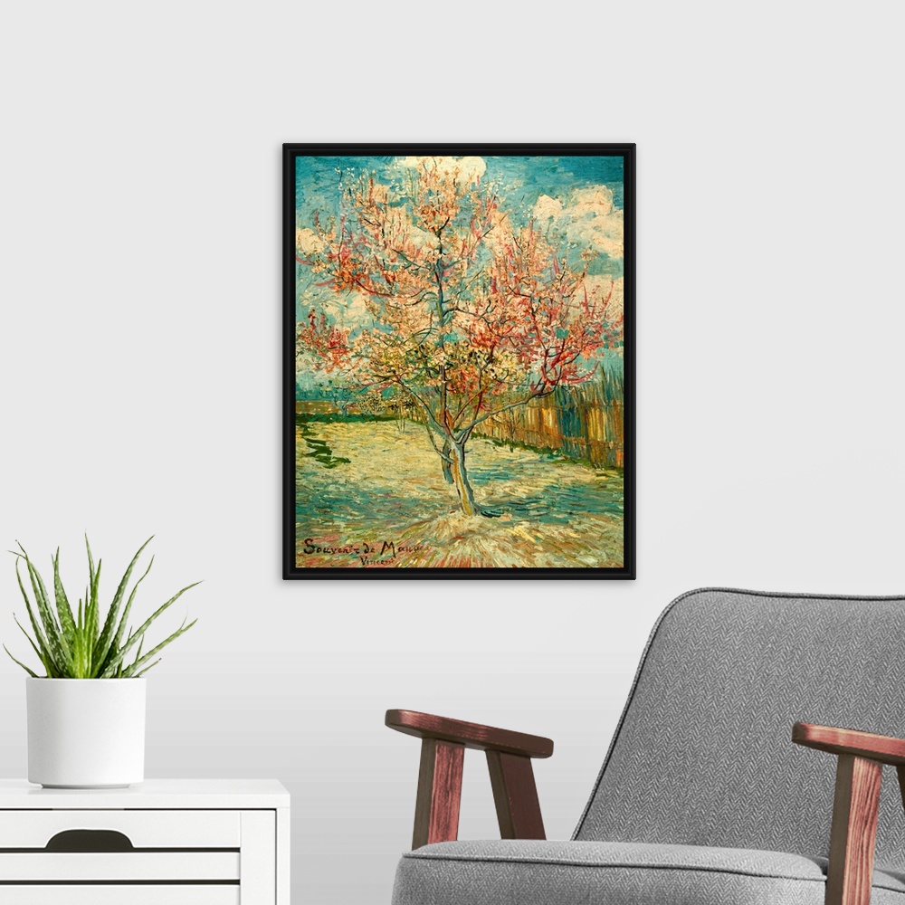 A modern room featuring Peach Blossoming (Souvenir de Mauve), by Vincent Van Gogh, 1888, 19th Century, oil on canvas, cm ...