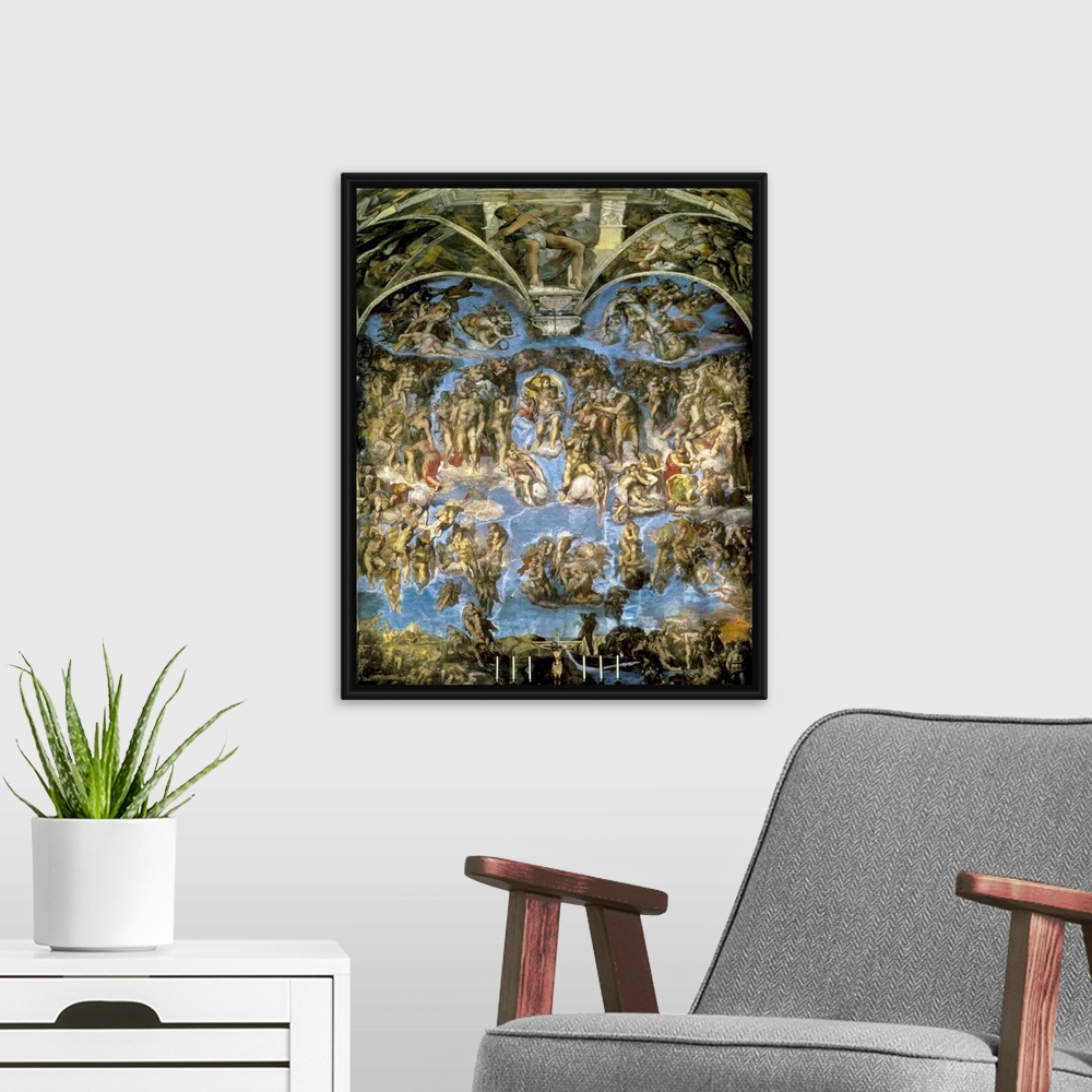 A modern room featuring The Last Judgement, Sistine Chapel