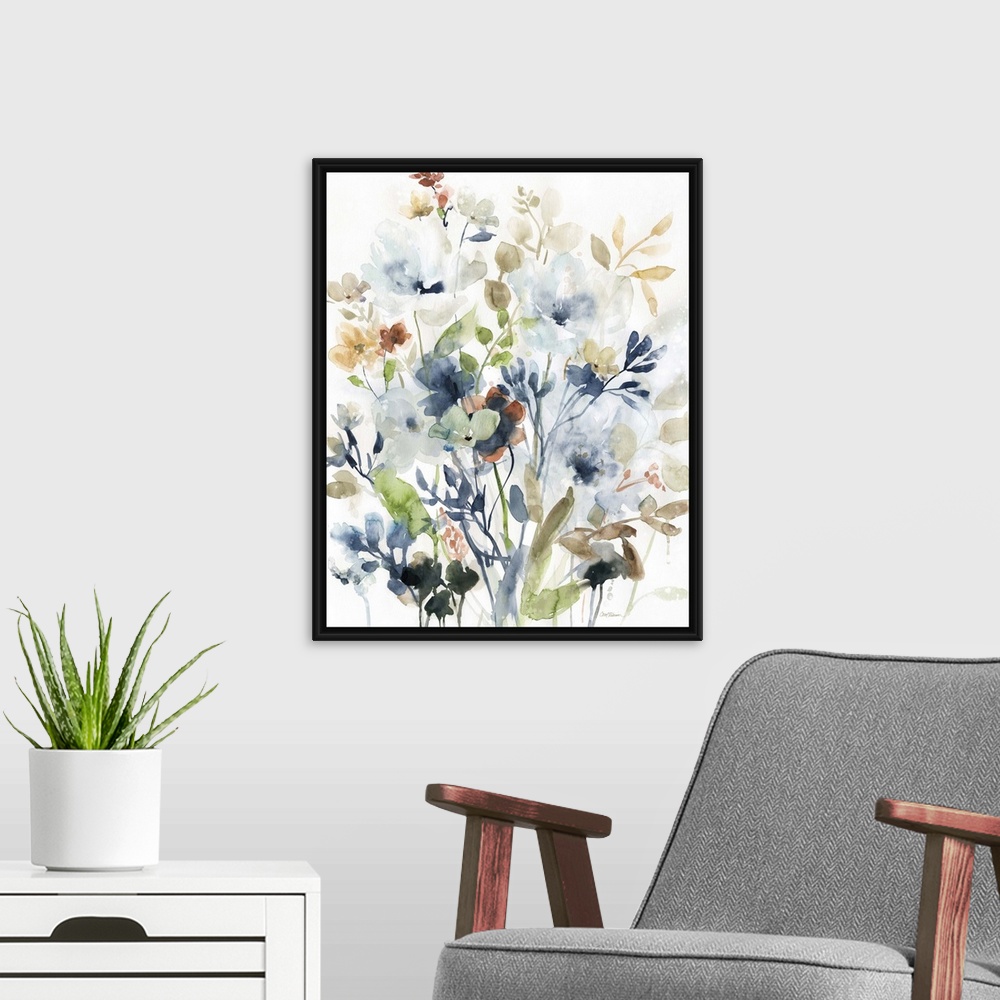 A modern room featuring Watercolor painting of wildflowers in earthy colors on a white background.