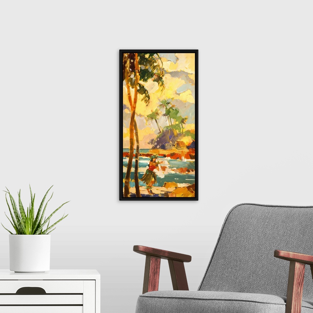 A modern room featuring Oversized vertical painting of a female Hawaiian dancer in a grass skirt, on the beach, standing ...