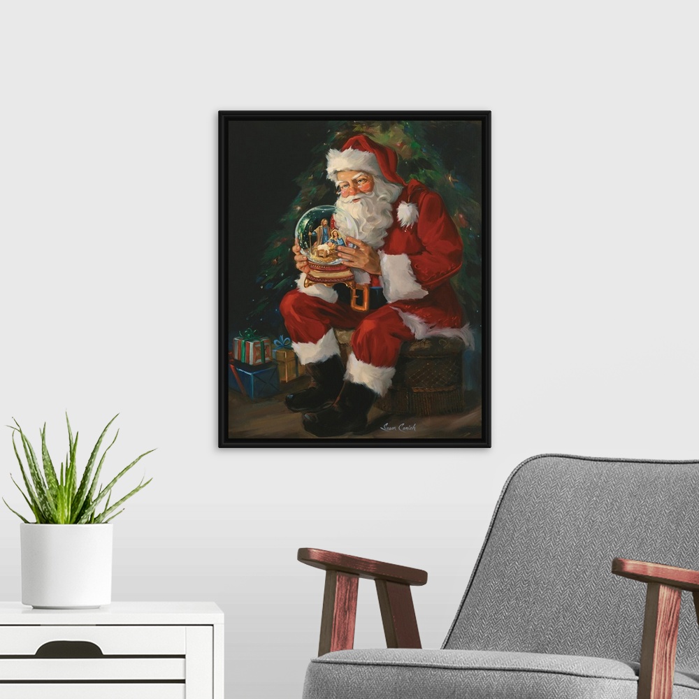 A modern room featuring Decor for the holiday season of Santa holding a large snow globe with a Nativity scene and baby J...