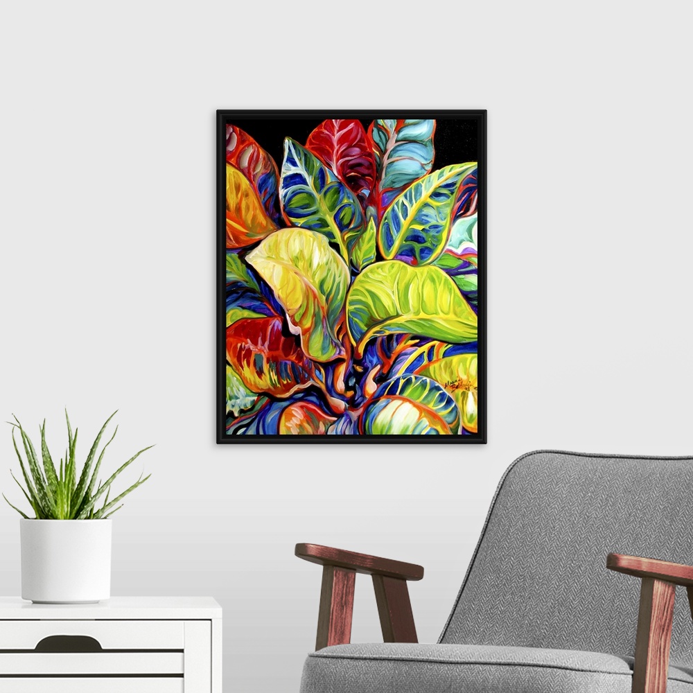 A modern room featuring Contemporary painting of colorful tropical leaves on a solid black background.