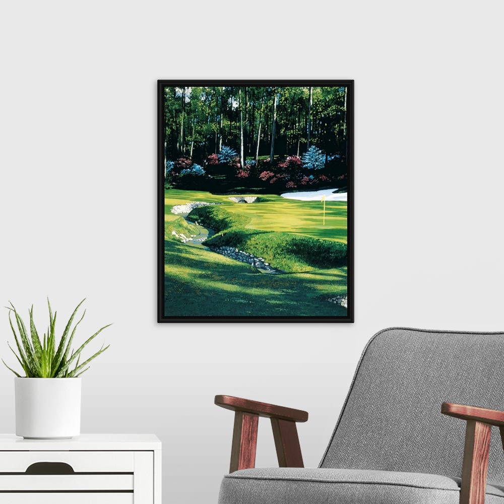 A modern room featuring Lifelike painting of stream crossing through a golf course, past the flag towards the forested ed...