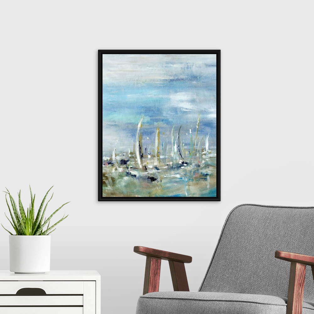 A modern room featuring Abstract painting of sailboats in the ocean on a cloudy day.  The boat shapes are created from va...