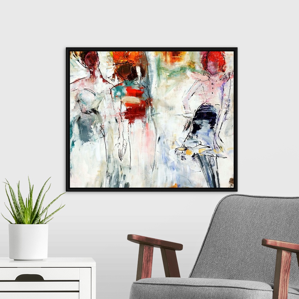 A modern room featuring Figurative painting of three female forms in vibrantly colored party attire, on a roughly painted...