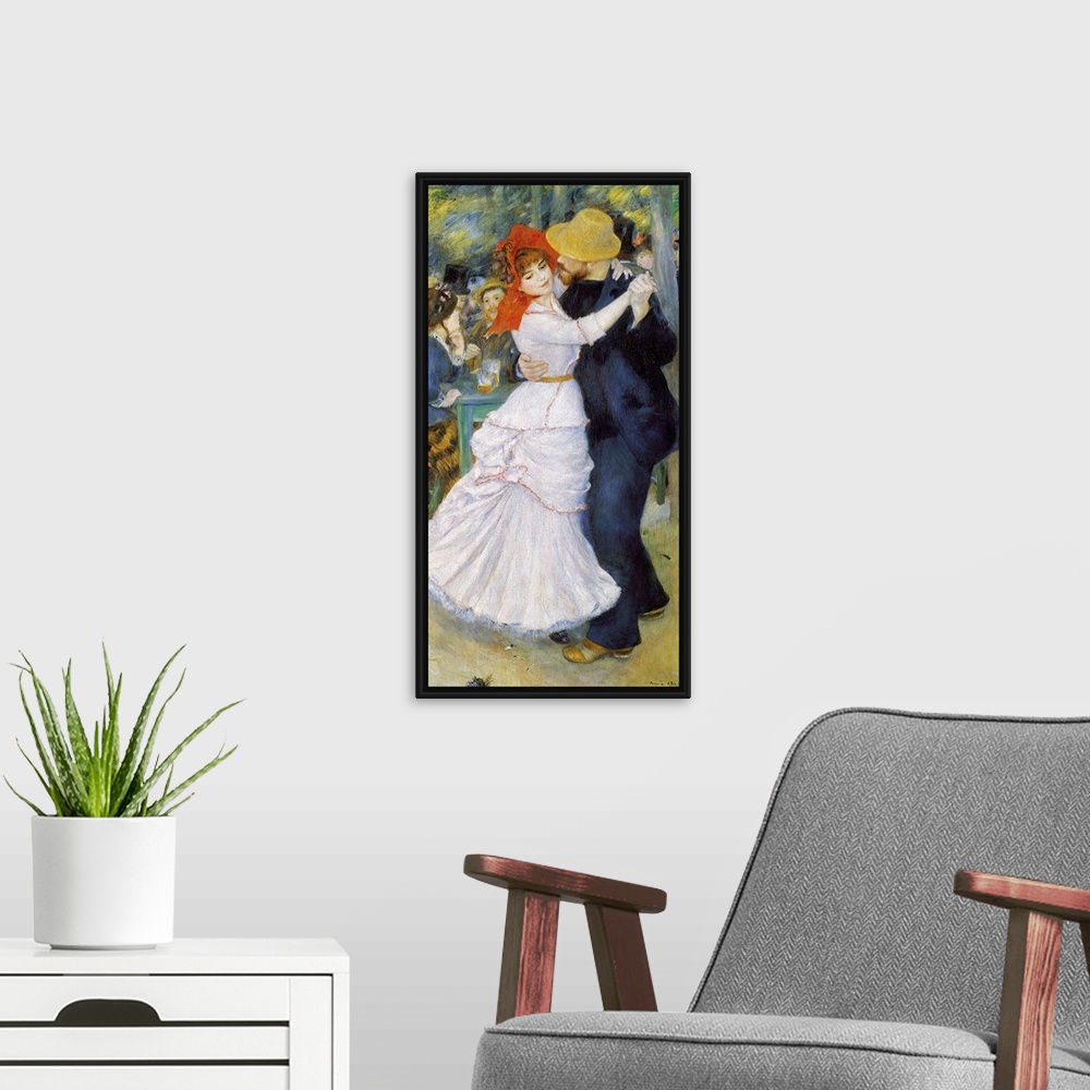A modern room featuring Oversized, vertical painting of a man and woman dancing as a  crowd of people sit and converse be...
