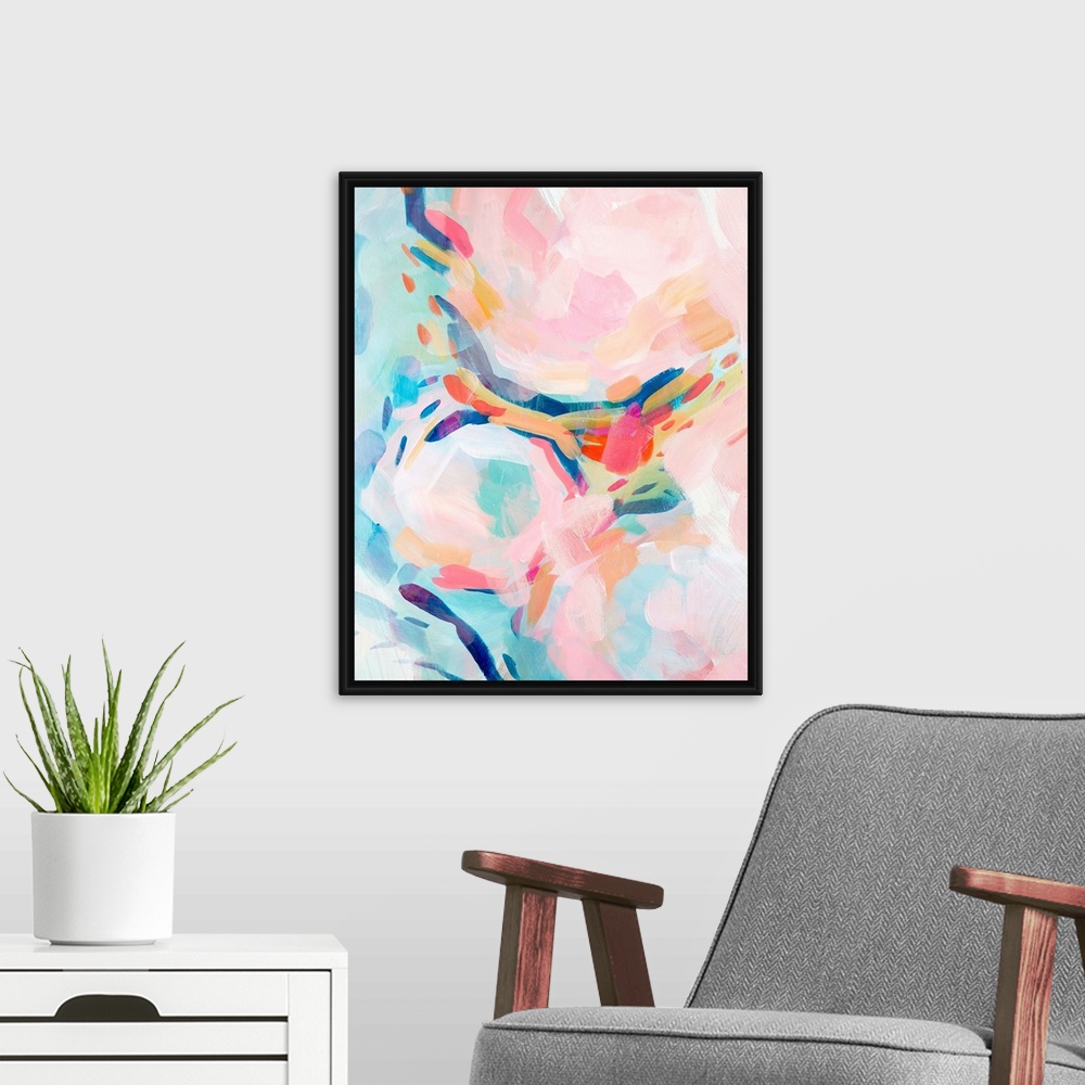 A modern room featuring Contemporary abstract painting in yellow, teal, and pink.