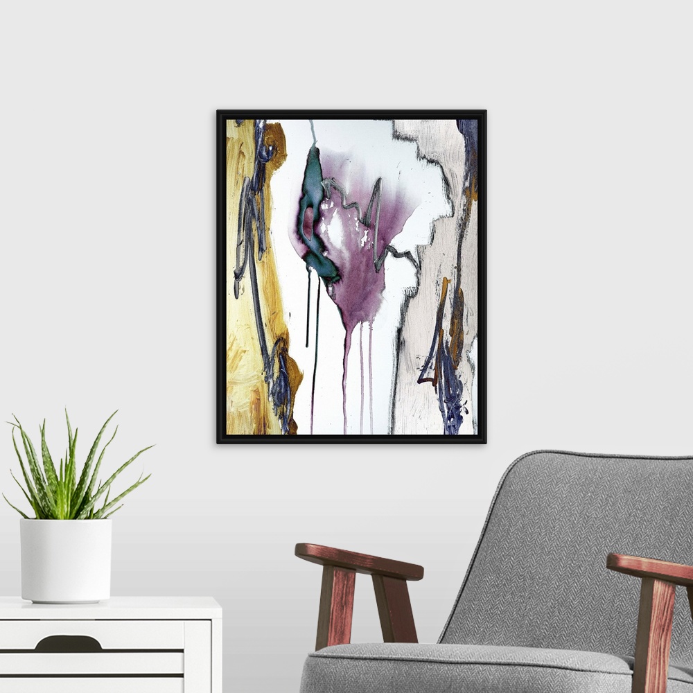 A modern room featuring Abstract painting in textured colors of yellow, purple and gray with outlines of black and vertic...