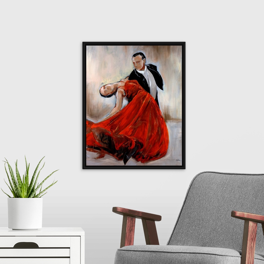 A modern room featuring Huge contemporary art depicts a man in a tuxedo dancing with a woman in a flowing bright dress wh...
