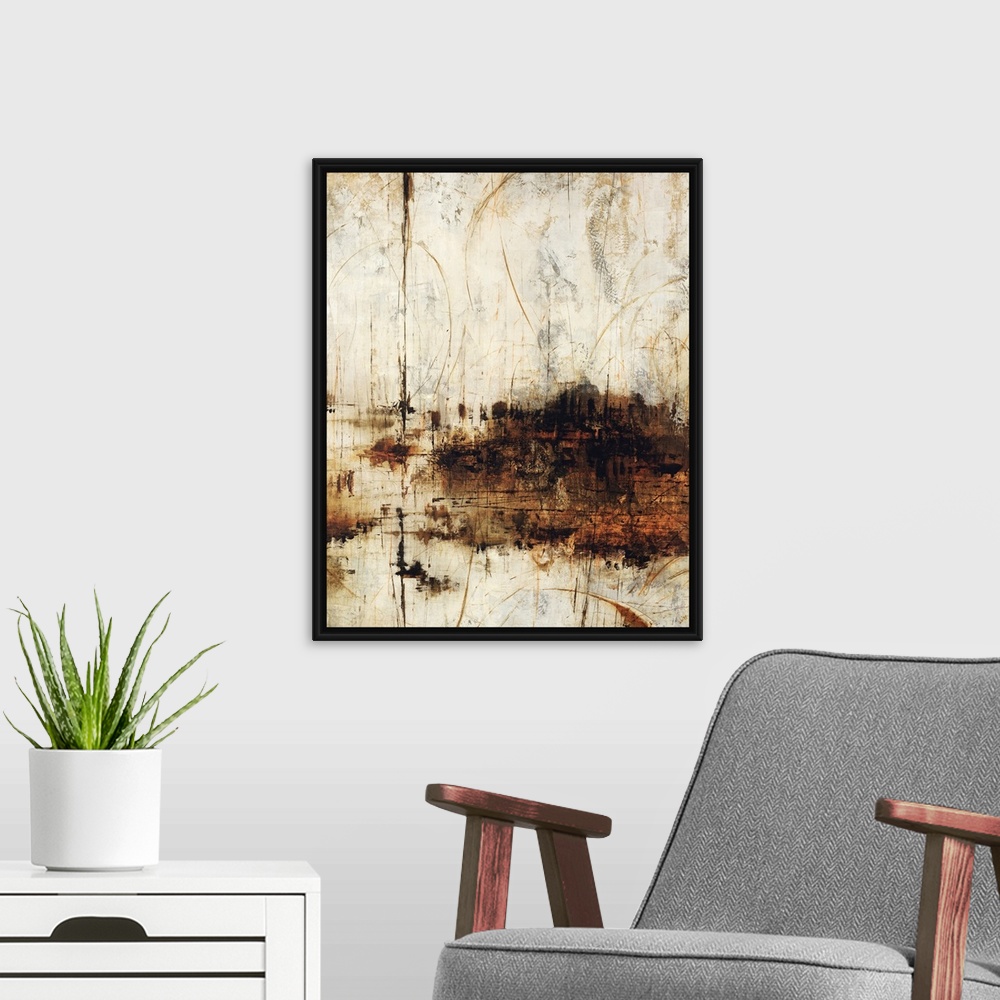 A modern room featuring This piece of abstract artwork has a neutral background that appears to have been scratched and d...