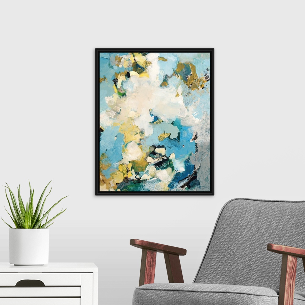 A modern room featuring A contemporary abstract painting using a mixture of light tones to create a feeling of movement.