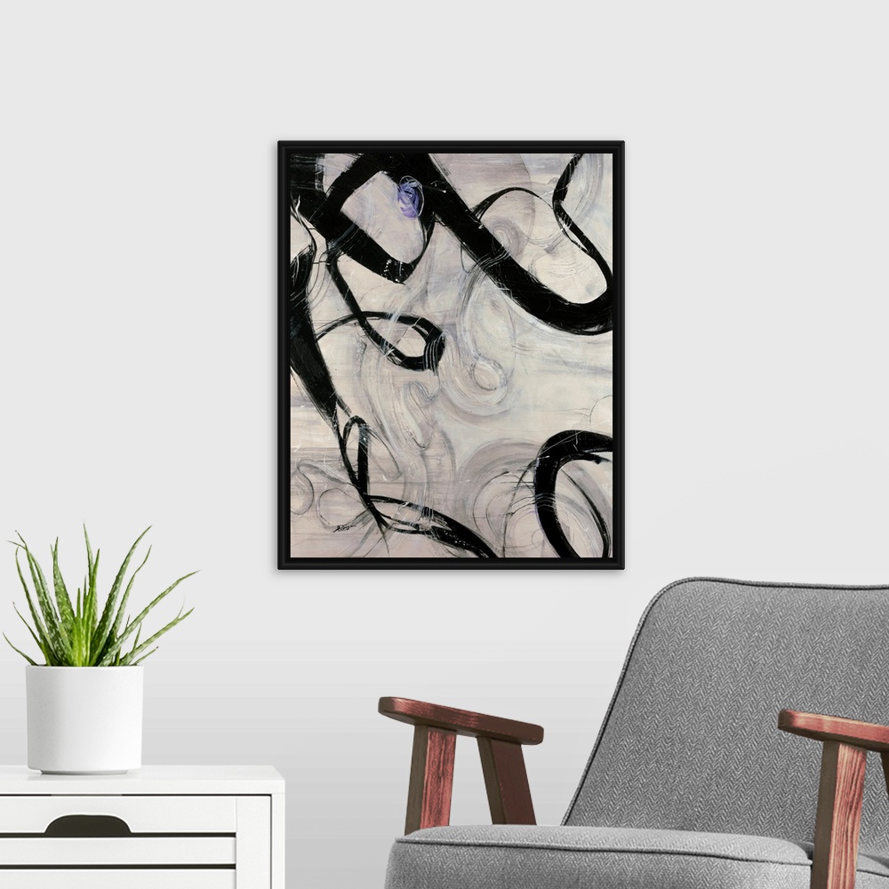 A modern room featuring Vertical abstract painting with calligraphic shapes.