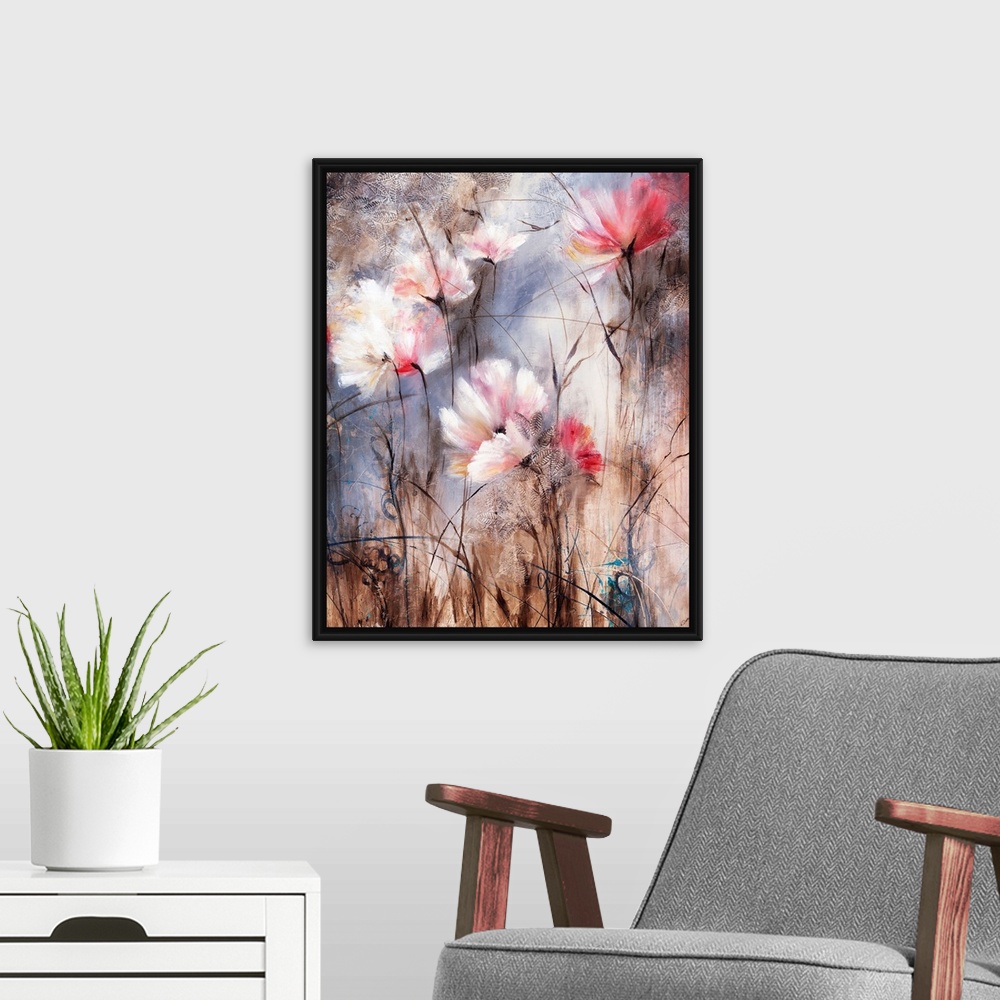 A modern room featuring Contemporary painting of soft pale colored flowers against an abstract background.