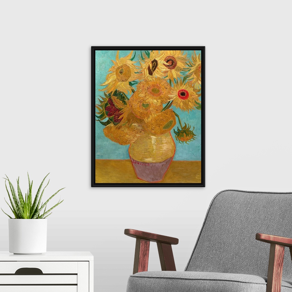 A modern room featuring Van Gogh, Sunflowers, 1889. 'Vase With Twelve Sunflowers.' Oil On Canvas, Vincent Van Gogh, Janua...