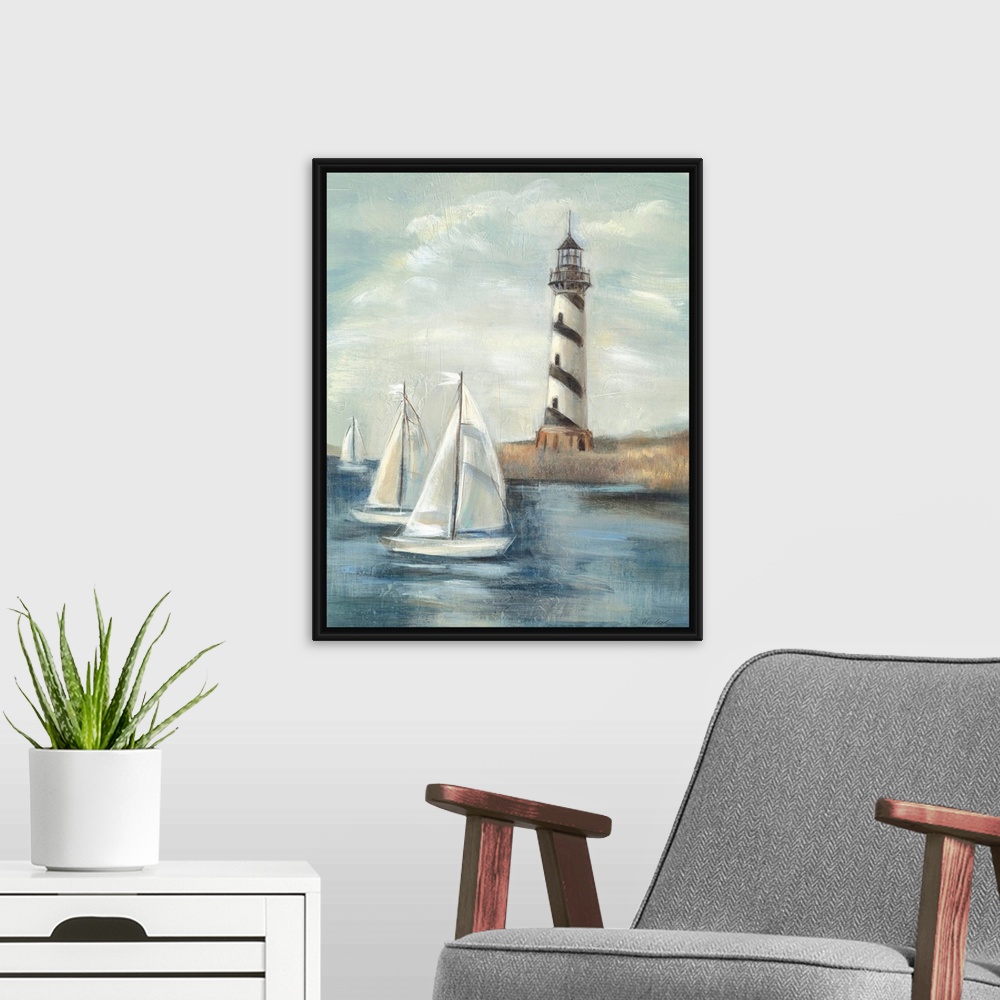 A modern room featuring Contemporary painting of an idyllic coastal scene, with a lighthouse in the background and sailbo...