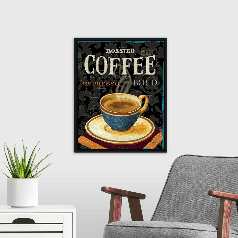 A modern room featuring Large vertical artwork a steaming cup of coffee on a saucer, on a crackling background with scrol...