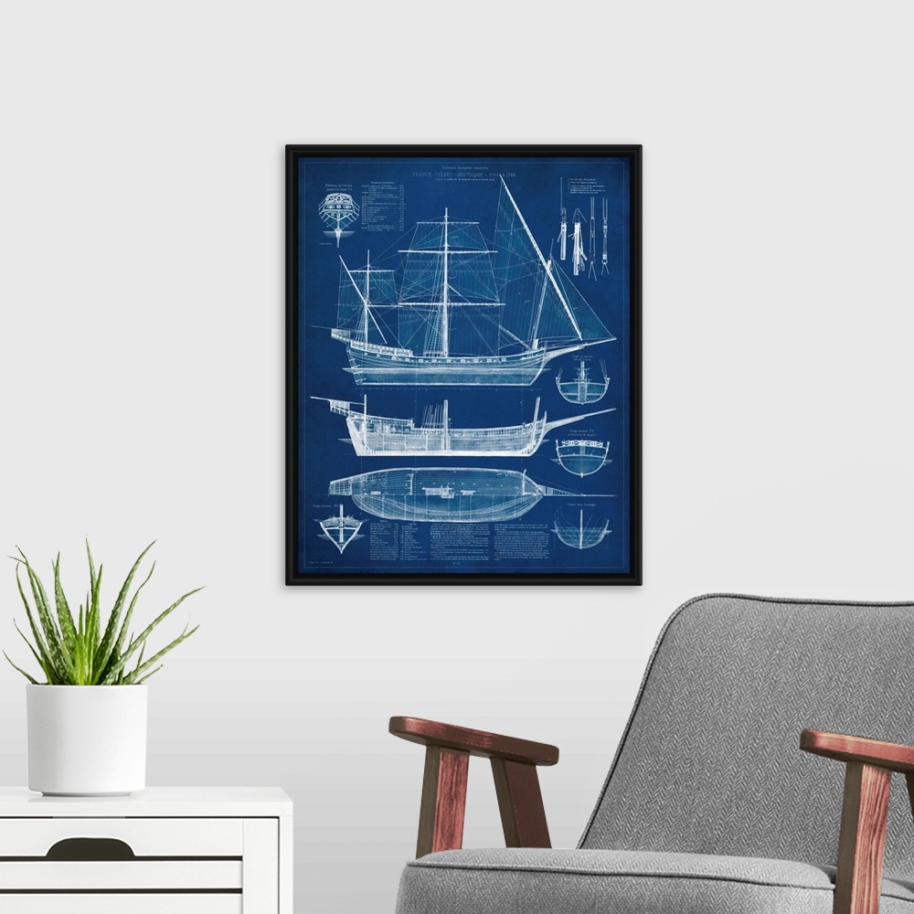 A modern room featuring Antique Ship Blueprint I