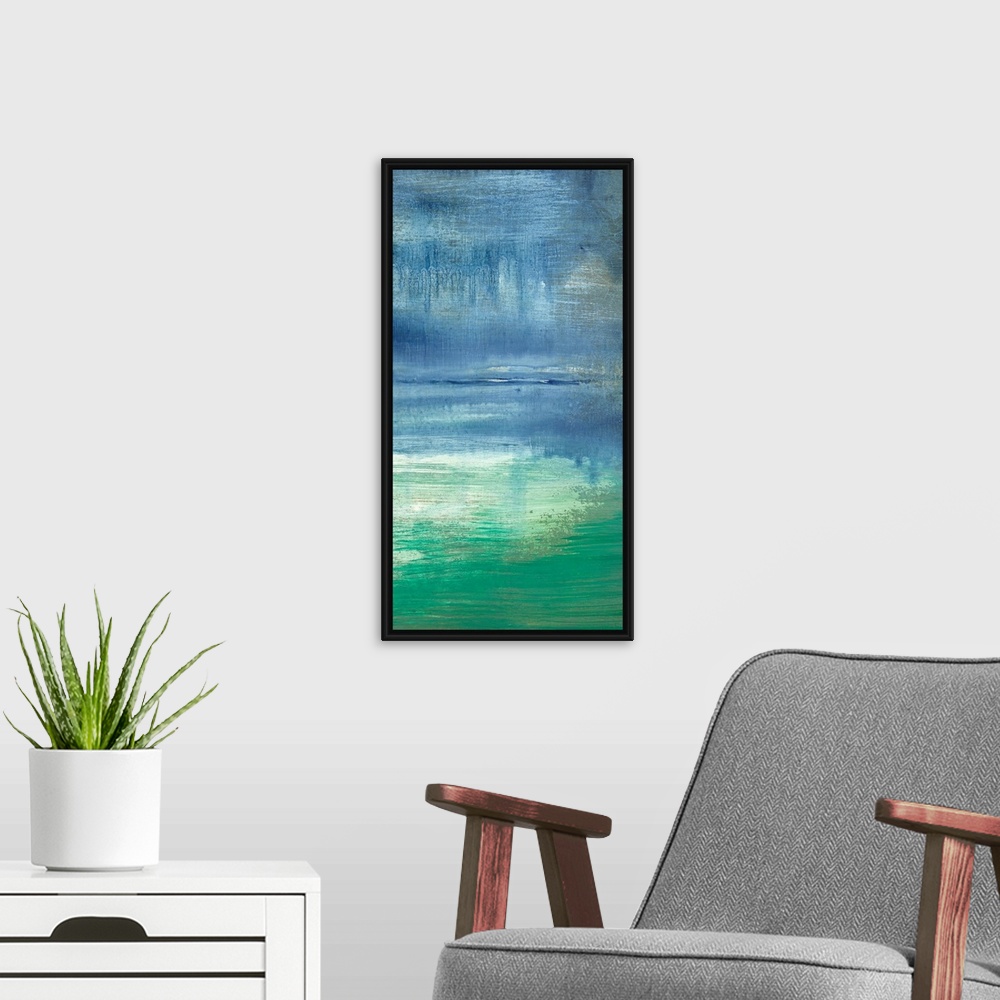 A modern room featuring Vertical abstract painting of a turquoise bay with a hazy sky and pastel water, with the subtle r...