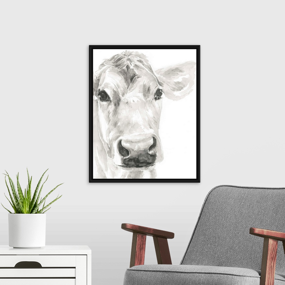 A modern room featuring Watercolor portrait of a cow in gray.