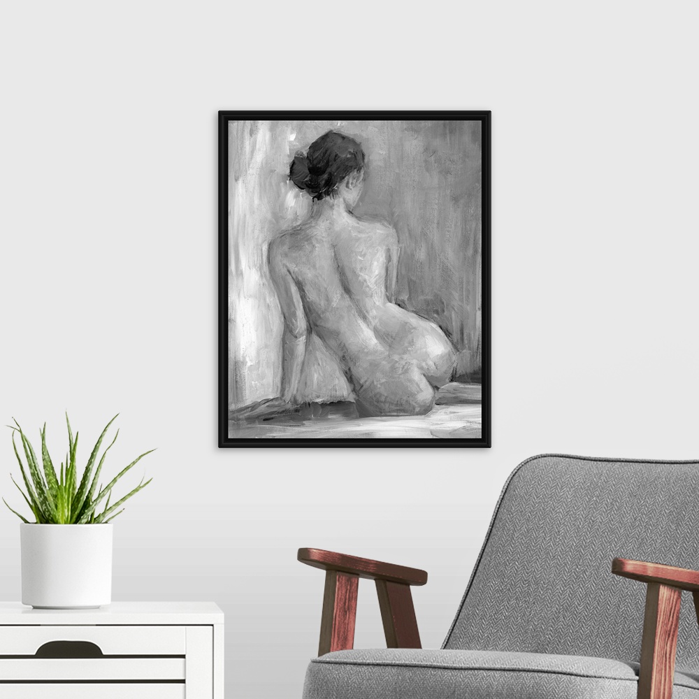 A modern room featuring Nude portrait of the back of a seated woman. Her back to the artist the lady stares off into the ...