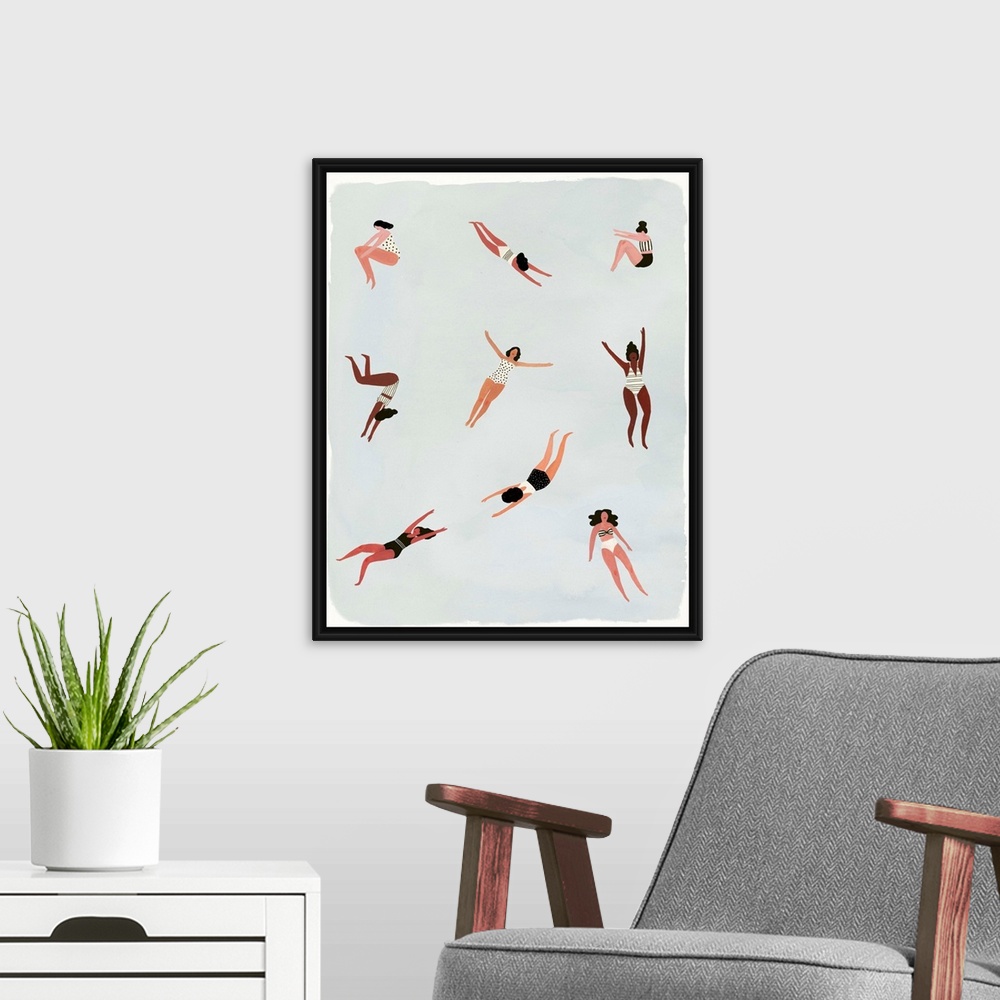 A modern room featuring Contemporary figurative painting of various women in swim suits diving and swimming.