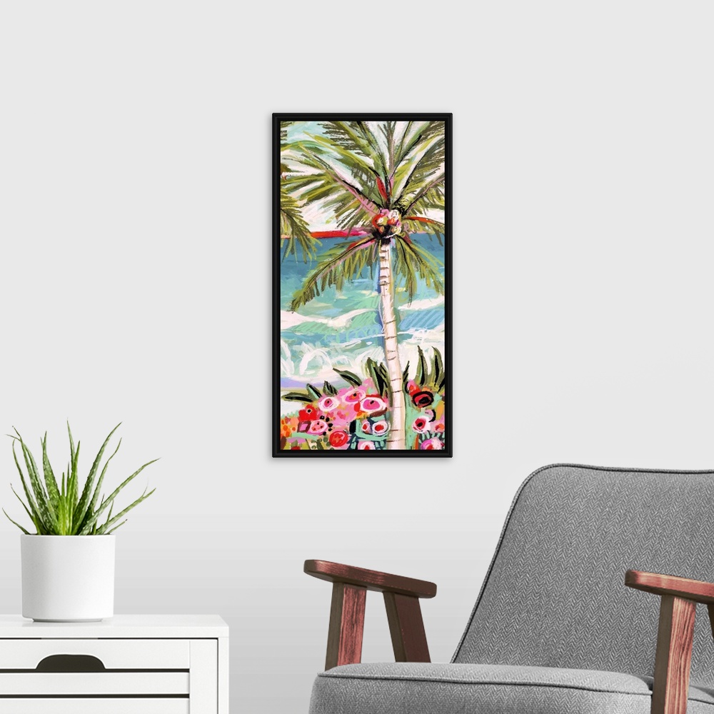 A modern room featuring This digital artwork breaks the image down into mottled shapes of color resembling an impressioni...
