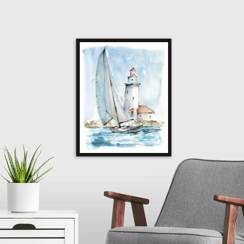 A modern room featuring Sailing Into The Harbor I