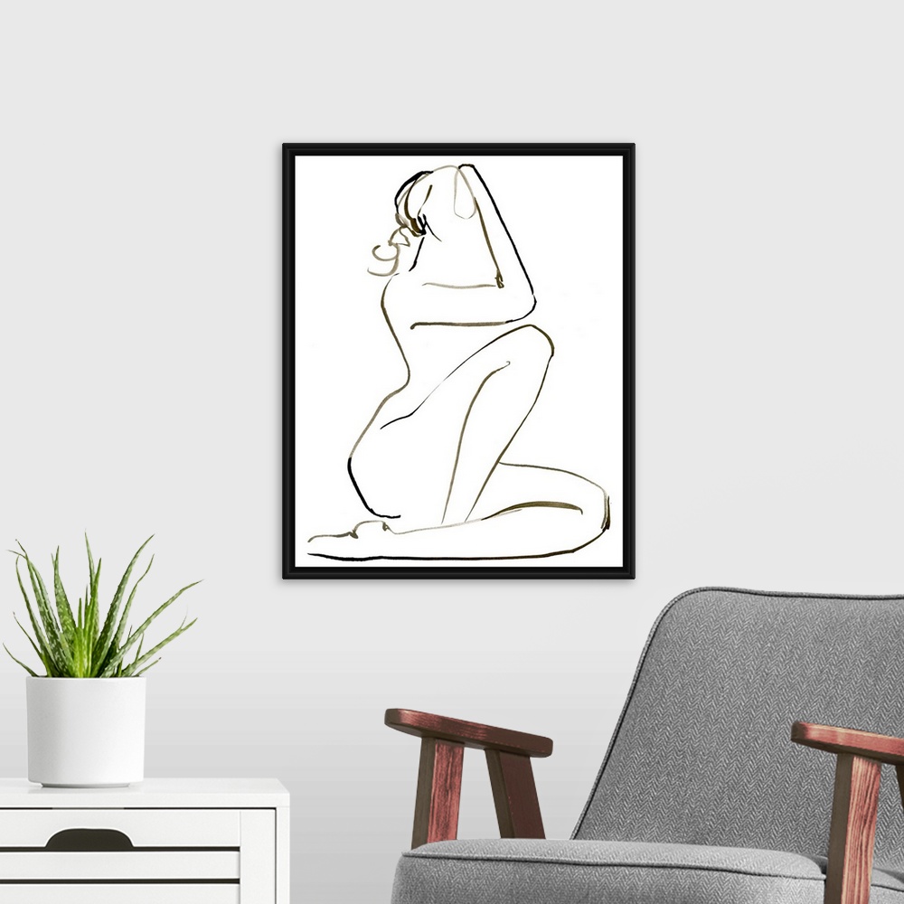 A modern room featuring Abstracted nude seated figure on a white background.