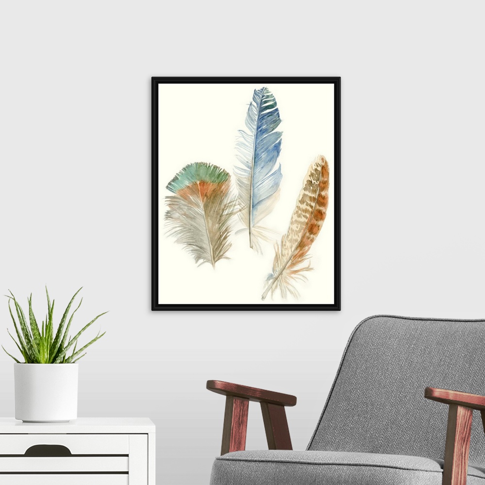 A modern room featuring Contemporary watercolor feather illustrations.