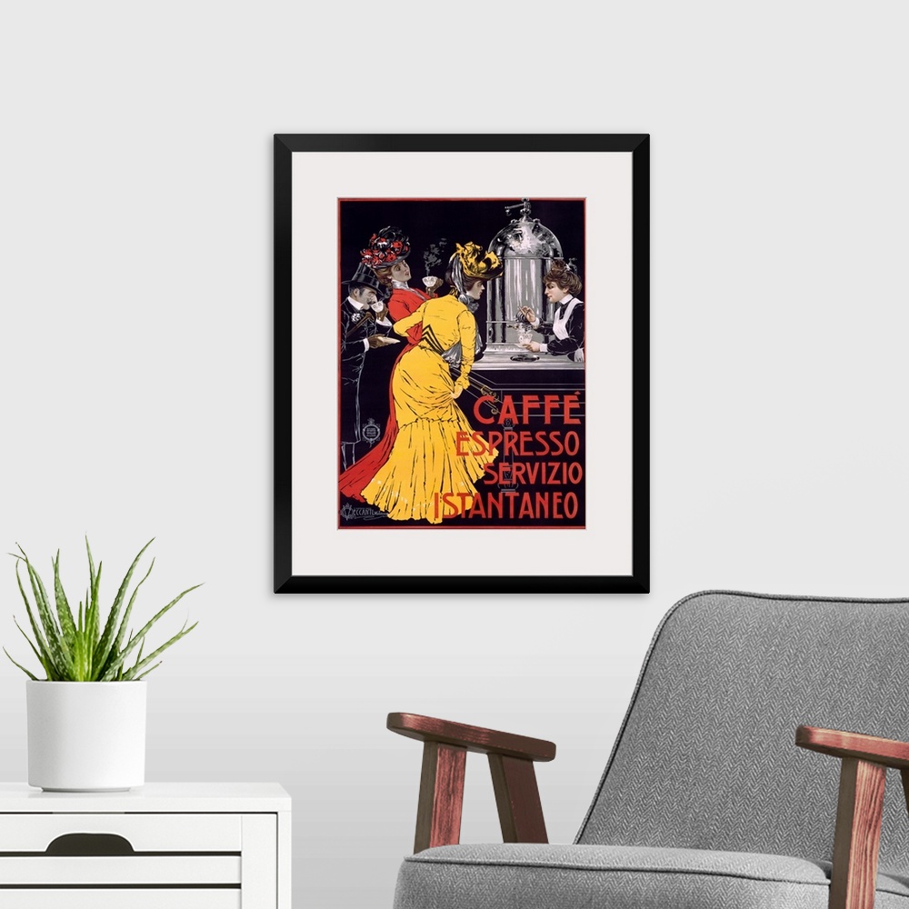 A modern room featuring Classic advertisement for Caffe Espresso Servizio Instantaneo featuring two elegant ladies and a ...