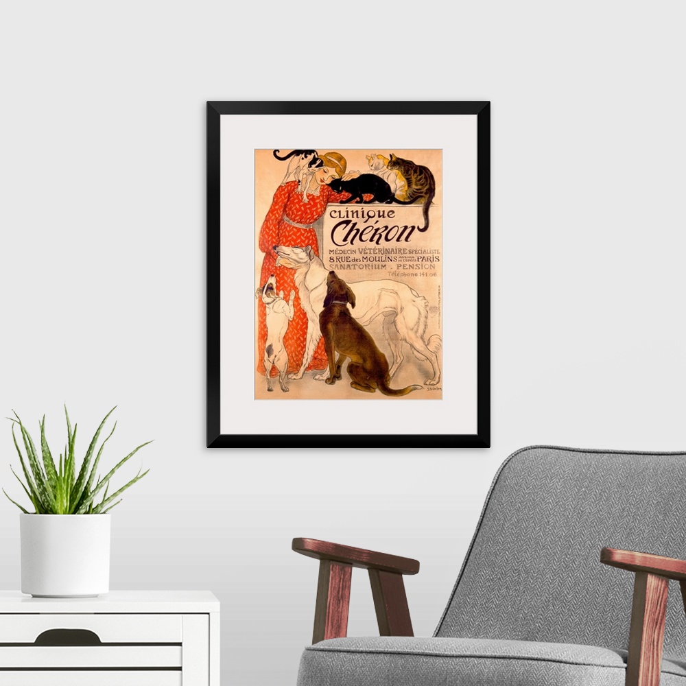 A modern room featuring Vintage artwork that shows a woman in a red dress being loved on by both cats and dogs.