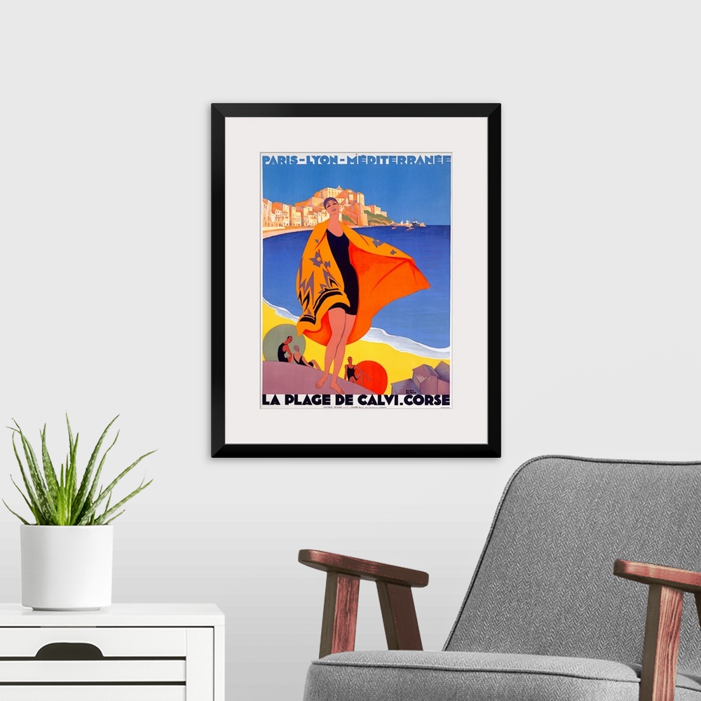 A modern room featuring Photograph of classic Art Deco poster that is bold and colorful.  The poster captures the essence...